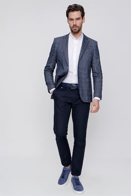  Morven Erkek Lacivert Keten Kareli Dokuma Ekose Slim Fit Dar Kesim 6 Drop Ceket
