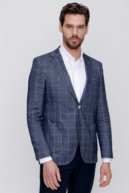  Morven Erkek Lacivert Keten Kareli Dokuma Ekose Slim Fit Dar Kesim 6 Drop Ceket