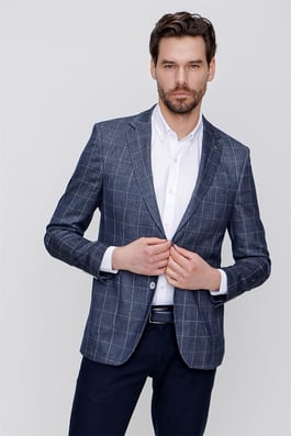  Morven Erkek Lacivert Keten Kareli Dokuma Ekose Slim Fit Dar Kesim 6 Drop Ceket