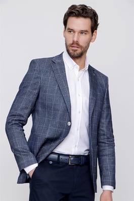  Morven Erkek Lacivert Keten Kareli Dokuma Ekose Slim Fit Dar Kesim 6 Drop Ceket