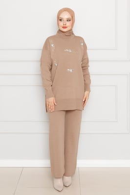 Beaded Knitwear Set-Tan color