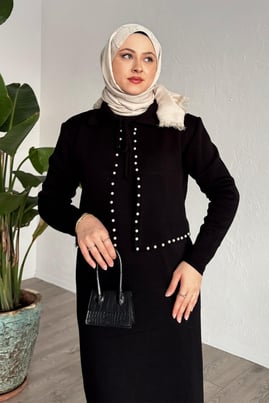 İncili Bolerolu Siyah Triko Takım