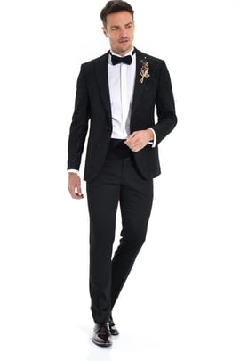  Morven Erkek Siyah Slim Fit Jakarlı Smokin