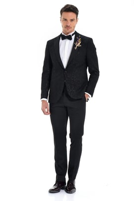  Morven Erkek Siyah Slim Fit Jakarlı Smokin