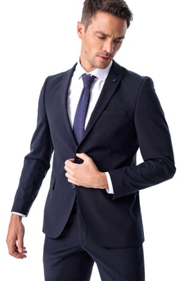 Erkek Lacivert Basic Düz Slim Fit Dar Kesim Çift Yırtmaç Takım Elbise