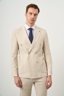 Morven Erkek Bej Keten Trend Kruvaze Slim Fit Sivri Yaka Takım Elbise