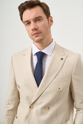 Morven Erkek Bej Keten Trend Kruvaze Slim Fit Sivri Yaka Takım Elbise