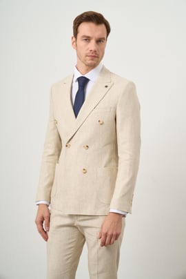 Morven Erkek Bej Keten Trend Kruvaze Slim Fit Sivri Yaka Takım Elbise