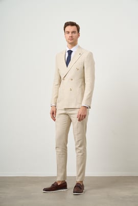 Morven Erkek Bej Keten Trend Kruvaze Slim Fit Sivri Yaka Takım Elbise