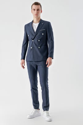 Morven Erkek Lacivert Poliviskon Trend Kruvaze Slim Fit Sivri Yaka Takım Elbise