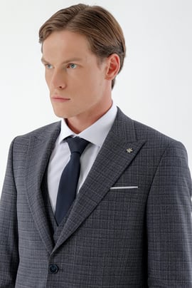 Morven Erkek Lacivert Poliviskon Trend Yelekli Ekoseli Slim Fit Sivri Yaka Takım Elbise