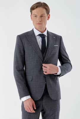 Morven Erkek Lacivert Poliviskon Trend Yelekli Ekoseli Slim Fit Sivri Yaka Takım Elbise