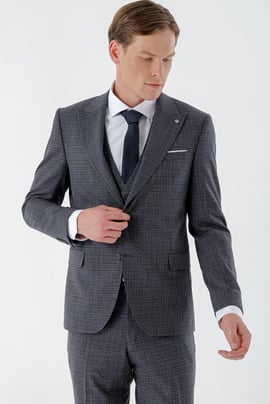 Morven Erkek Lacivert Poliviskon Trend Yelekli Ekoseli Slim Fit Sivri Yaka Takım Elbise