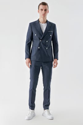Morven Erkek Lacivert Poliviskon Trend Kruvaze Slim Fit Sivri Yaka Takım Elbise