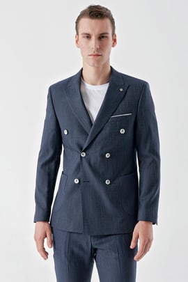 Morven Erkek Lacivert Poliviskon Trend Kruvaze Slim Fit Sivri Yaka Takım Elbise