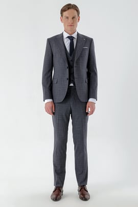 Morven Erkek Lacivert Poliviskon Trend Yelekli Ekoseli Slim Fit Sivri Yaka Takım Elbise