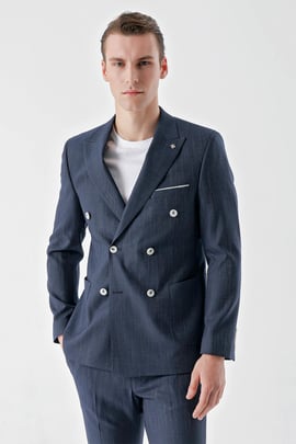 Morven Erkek Lacivert Poliviskon Trend Kruvaze Slim Fit Sivri Yaka Takım Elbise