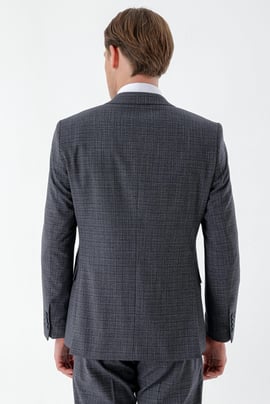 Morven Erkek Lacivert Poliviskon Trend Yelekli Ekoseli Slim Fit Sivri Yaka Takım Elbise