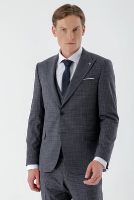 Morven Erkek Lacivert Poliviskon Trend Yelekli Ekoseli Slim Fit Sivri Yaka Takım Elbise