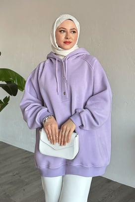 Çıtçıt Yaka Kapüşonlu Lila Sweat