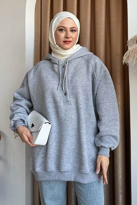 Çıtçıt Yaka Kapüşonlu Gri Sweat