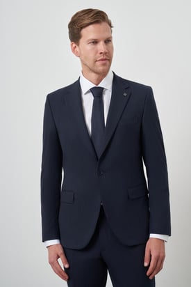 Morven Erkek Lacivert Poliviskon Çizgili Slim Fit Mono Yaka Takım Elbise