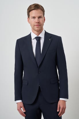 Morven Erkek Lacivert Poliviskon Çizgili Slim Fit Mono Yaka Takım Elbise