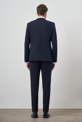 Morven Erkek Lacivert Poliviskon Çizgili Slim Fit Mono Yaka Takım Elbise