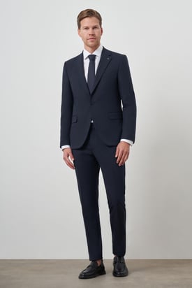 Morven Erkek Lacivert Poliviskon Çizgili Slim Fit Mono Yaka Takım Elbise