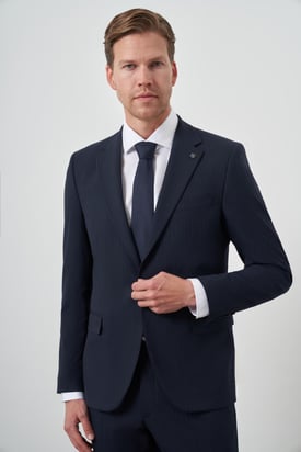 Morven Erkek Lacivert Poliviskon Çizgili Slim Fit Mono Yaka Takım Elbise