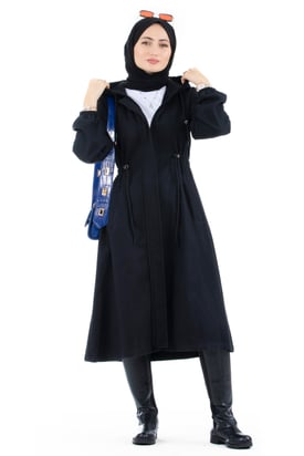 Waist Tunnel Woolen Coat-Black