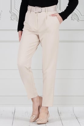 Beli Kemerli Kalem Pantolon-Bej