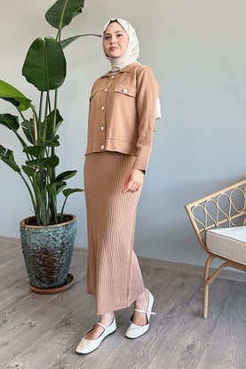 Ceketli Elbiseli Camel Triko Takım