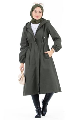 Waist Tunnel Woolen Coat-Khaki