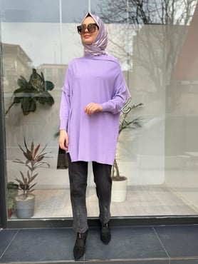 Omzu Şifon Kadın Triko Tunik Lila