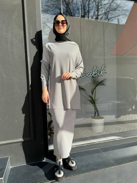 Omzu Şifon Kadın Triko Tunik Gri