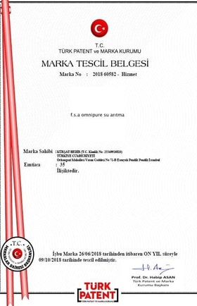 OMNIPURE Su Arıtma Marka Tescil Belgesi