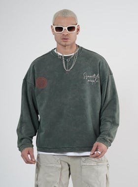 Bisiklet Yaka Ön ve Arka Basılı Yıkamalı Oversize Kalıp Unisex Sweatshirt