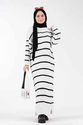 Oversize Çizgili Triko Elbise-Beyaz