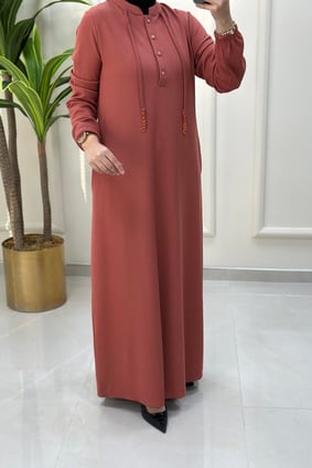 ElbiseÖnü Yarım Düğme İp Detaylı Cepli Fitilli Kadın Örme Elbise Koyu Pudra KADO 9473