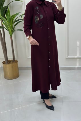 Tesettür TunikÖnü Düğmeli Nakış İşlemeli Uzun Kadın Tunik Bordo CNR 1850