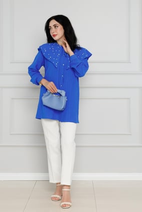 Wide Collar Pearl Tunic-Blue color