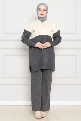 Detailed Knitwear Suit-Grey color
