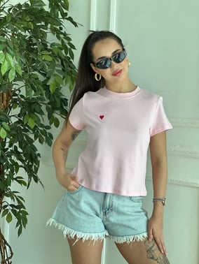 Kalp İşlemeli Tshirt 30584 Pembe