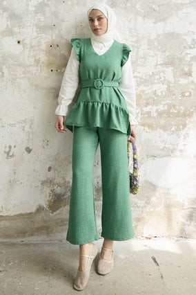 Ruffled Shoulder Triple Green Suit