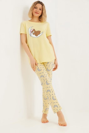 Baskılı Kısa Kol Pijama Takım Sarı