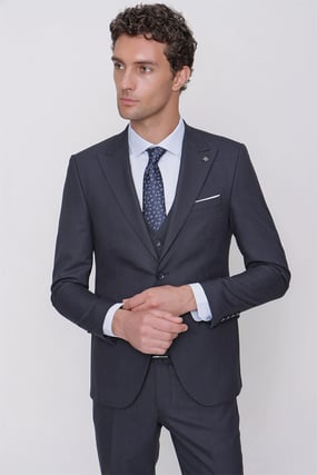  Morven Erkek Lacivert Design Color Slim Fit Dar Kesim Yelekli Desenli 6 Drop Takım Elbise