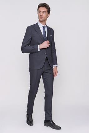  Morven Erkek Lacivert Design Color Slim Fit Dar Kesim Yelekli Desenli 6 Drop Takım Elbise