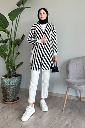 Striped Furry Black Knit Cardigan
