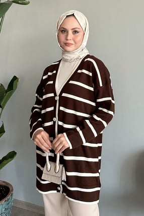 Salaş Şeritli Acı Kahve Triko Hırka